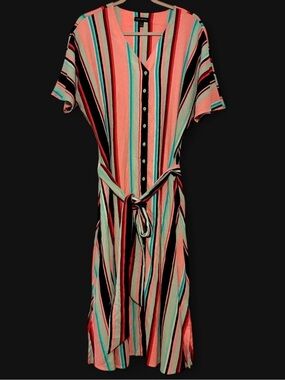 EUC Lane Bryant pink, Black & Mint Striped Midi Dress